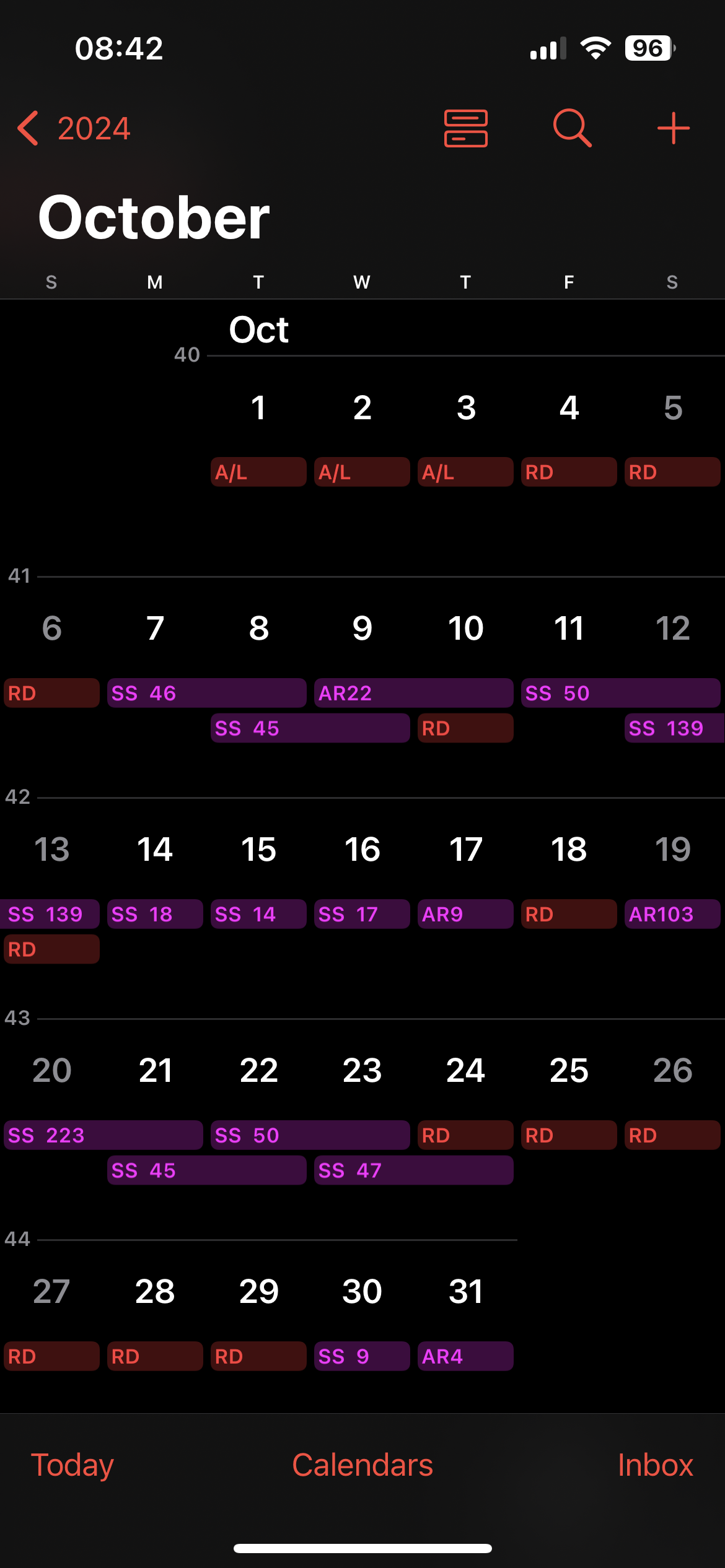 Calendar app showing work schedule